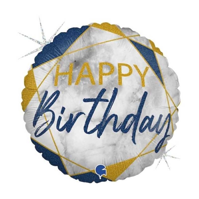 Ballon aluminium rond « Happy Birthday » marble mate bleu – 46 cm