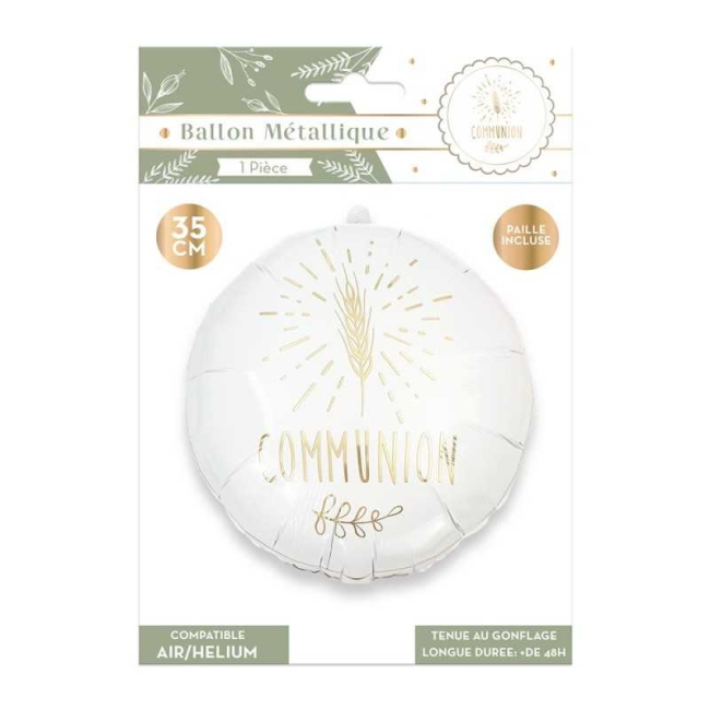 Ballon aluminium Communion blanc et or – 35 cm