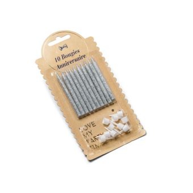 Bougies pailletées argent – lot de 10 (6 cm)