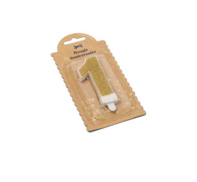 Bougie chiffre 1 pailleté or avec support