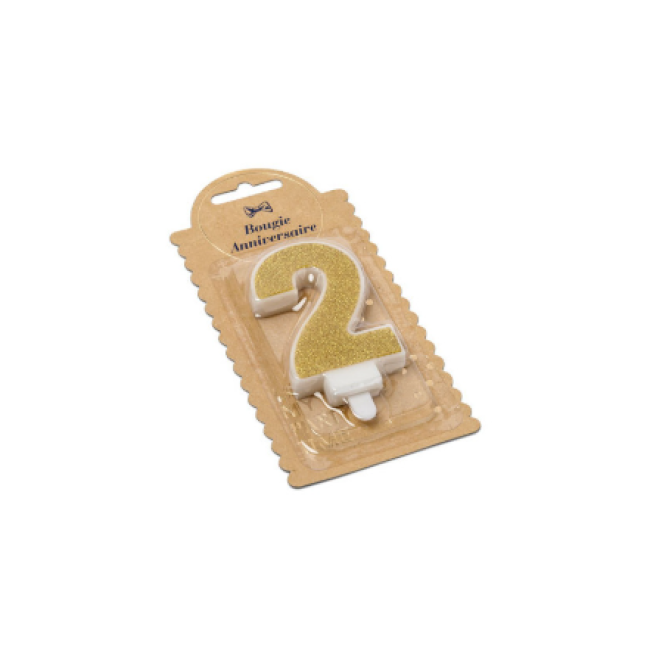 Bougie chiffre 2 pailleté or avec support