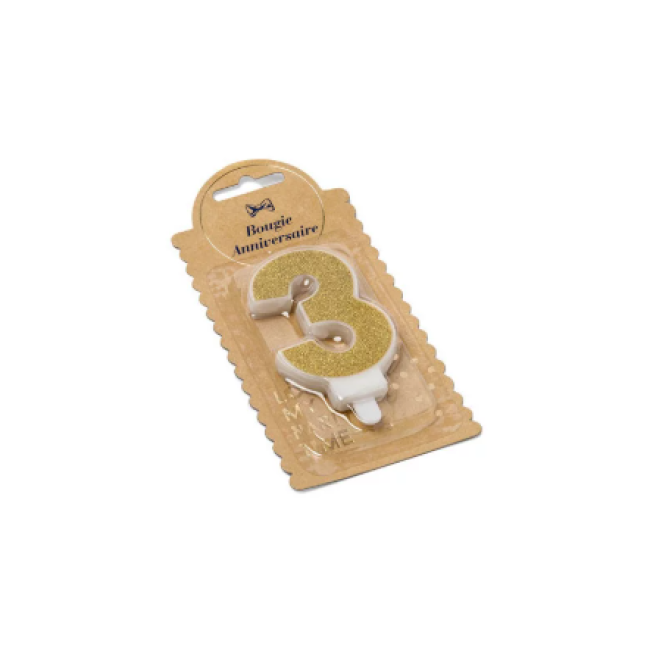 Bougie chiffre 3 pailleté or avec support