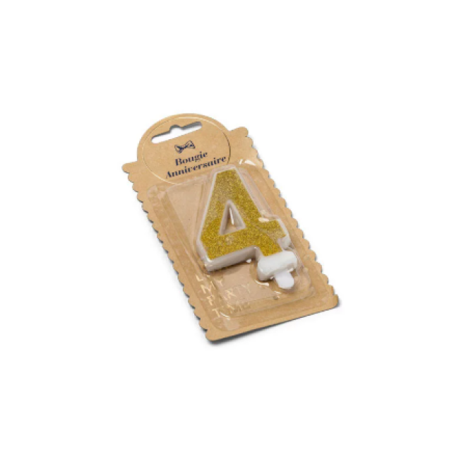 Bougie chiffre 4 pailleté or avec support