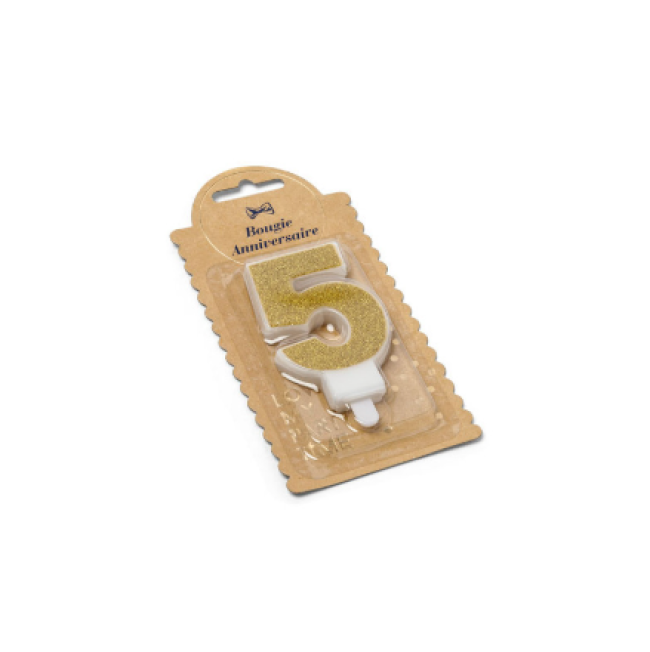 Bougie chiffre 5 pailleté or avec support