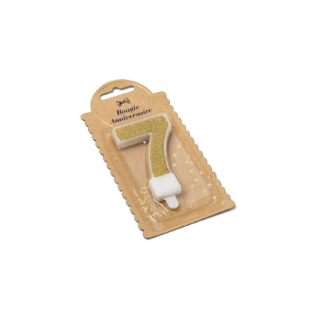 Bougie chiffre 7 pailleté or avec support