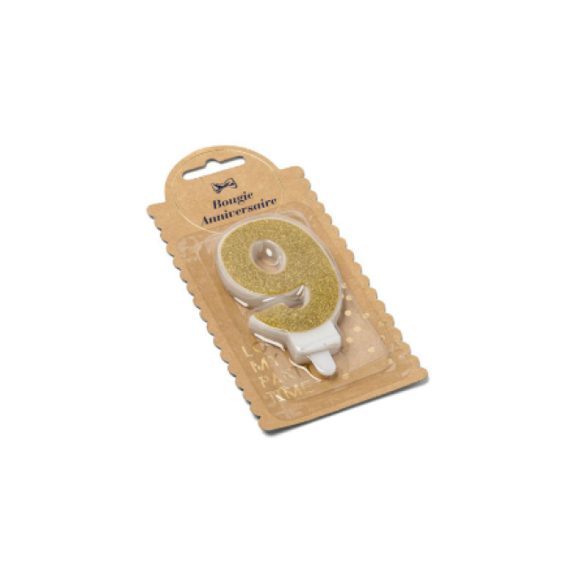 Bougie chiffre 9 pailleté or avec support