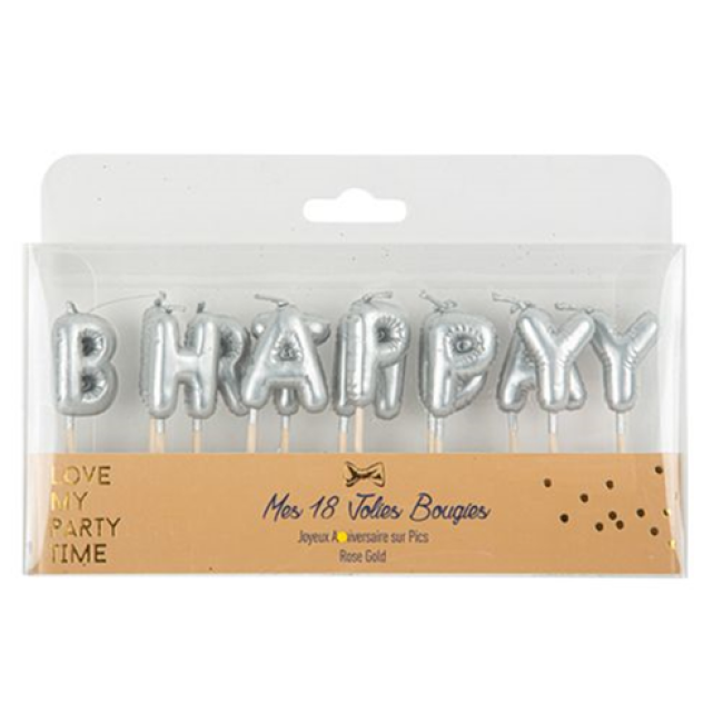 Bougies « Joyeux Anniversaire » argent sur pic – lot de 18